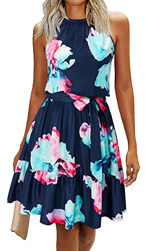 Newshows Sommerkleider Damen Knielang Elegant Kleid Blumenmuster Neckholder Rüschen Freizeitkleider mit Taschen