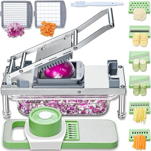 Gemüseschneider, Gemüsehobel mit 8 Klingen, Zwiebelschneider mit Behälter, Pro All-in-1 Lebensmittelwürfelschneider, Mandoline Slicer, Salatreibe aus Edelstahlmaterialien