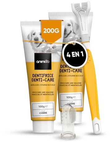 animigo 2X Hundezahnpasta (je 100g), 1x dreiköpfige Hundezahnbürste & 1x Fingerzahnbürste - Gegen Plaque & Zahnstein - Ohne Zuckerzusatz, künstliche Farbstoffe & Aromen - Ohne Fluorid oder Xylitol