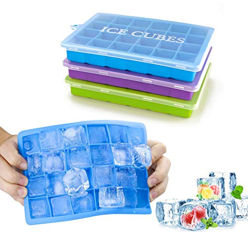 Morfone Eiswürfelform, 3 Stück Eiswürfelbehälter, Eiswürfelbehälter mit Deckel, Eiswürfelform Silikon, BPA-frei, LFGB Zertifiziert, 24-Fach, für Babybrei Enfrieren, Gekühlte Getränke und Whisky