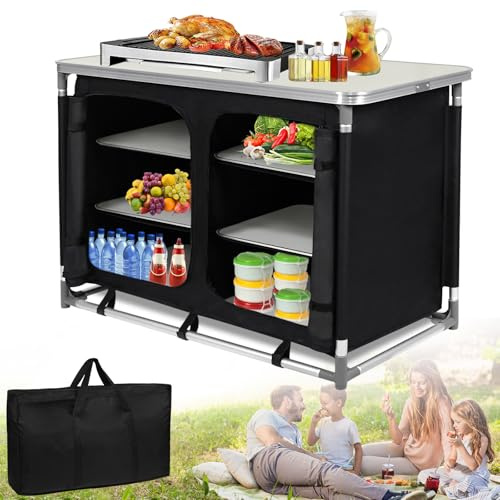 ACXIN 6 Fächer Campingküche Faltbarer Campingschrank, Küchenbox Reiseküche, mit Alurahmen, Staufächer, Tischplatte, inkl. Tragetasche