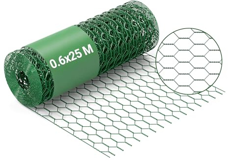 Wiltec Maschendrahtzaun Grün 60 cm x 25 m, 0,9 mm Stärke 25x25 mm Maschengröße, Volierendraht 6-Eck aus Stahl verzinkt, Drahtgitter, Vogeldraht