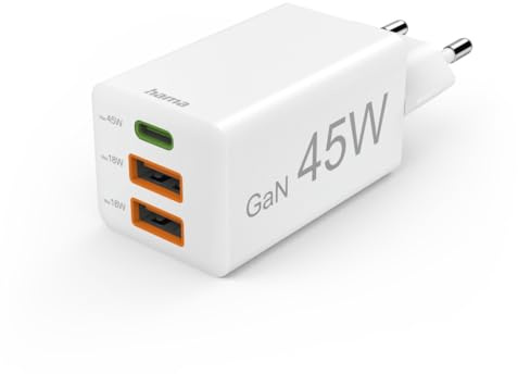 Hama GaN Schnellladegerät, USB, Power Delivery/Quick Charge 3.0, 45 W | Ladegerät mehrfach, weiß, USB C, USB A, Handy Tablet Laptop Universal Ladegerät, Netzstecker USB Schnellladen, USB C Netzteil