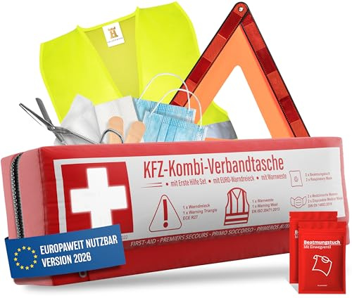 KFZ Kombitasche (3 in 1) nach aktueller Norm 2026 - Inkl. Warndreieck, Warnweste - Verbandskasten Warndreieck Set Verbandskasten Auto DIN 13164:2022 (StVO konform)