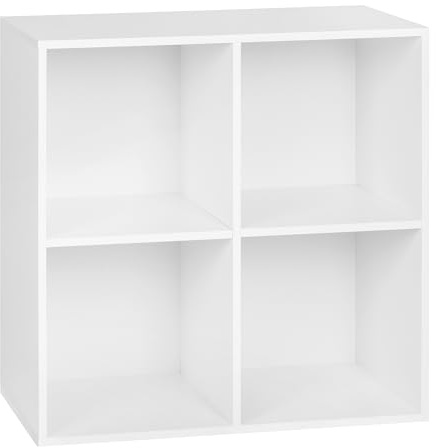 WOLTU Bücherregal mit 4 Würfeln, Nordisches Holzlager, Selbsttragend, mit Kippschutz, für Schlafzimmer Wohnzimmer Arbeitszimmer Büro, Weiß, 60 x 60 x 30 cm