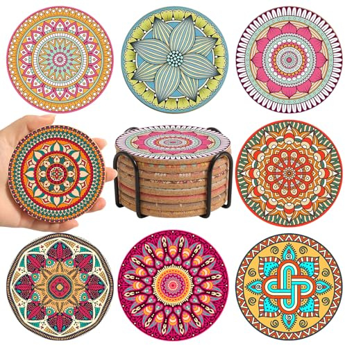 Untersetzer aus Kork für Getränke, Bunte Getränkeuntersetzer mit Halter, niedlicher Untersetzer für Couchtisch, Boho-Wohnung, Heimdekoration, Boho-Geschenke für Frauen, 8 Stück