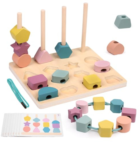 wotoyd Montessori Spielzeug ab 1 2 3 4 5 Jahre, Holzspielzeug Steckspiel Fädelspiel Bausteine Sortierspiel, Holz Stapelspiel Lernspiele Geschenk für Baby